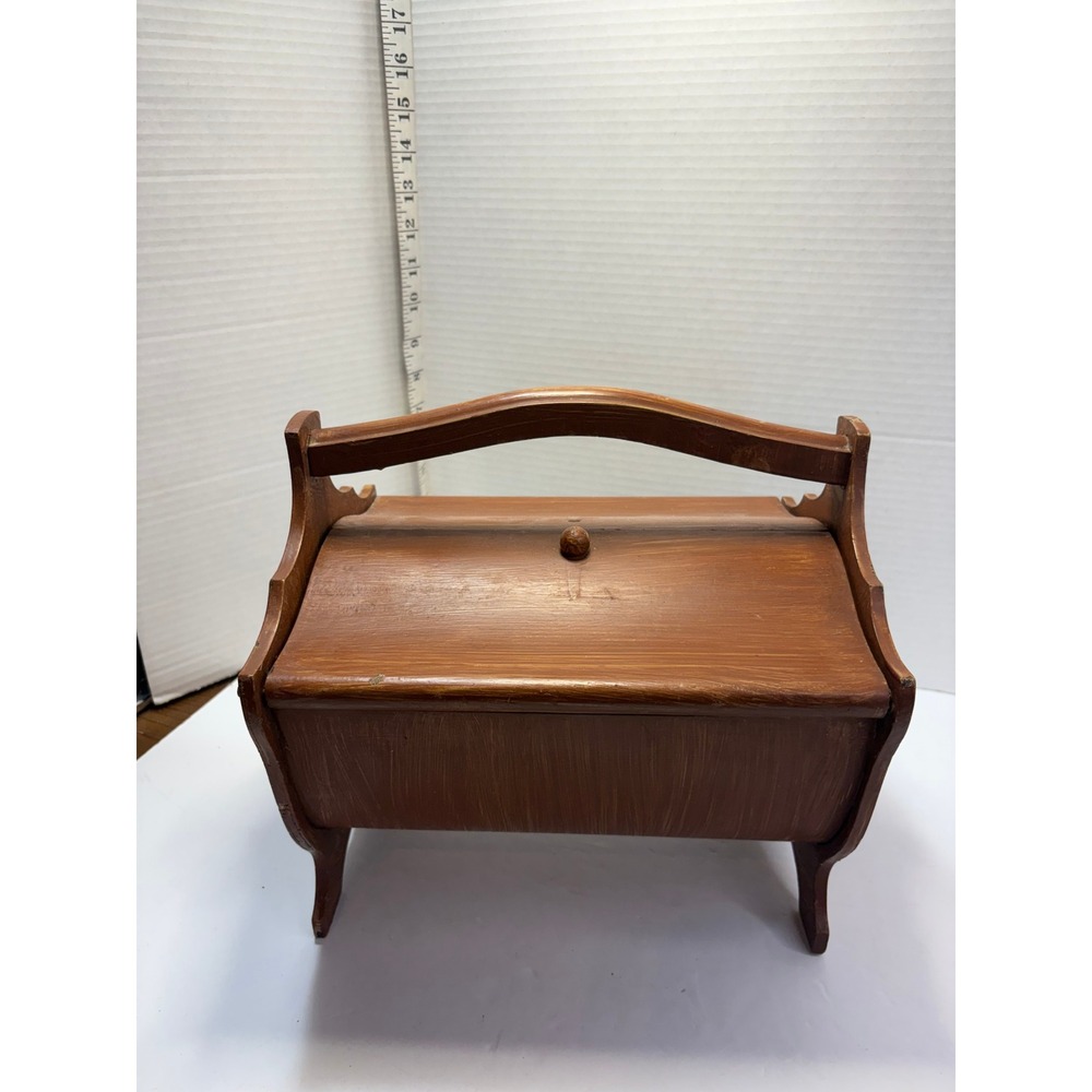 Wooden Sewing Basket Caddy Double Lid Handle Storage Box Rustic Decor Vintage